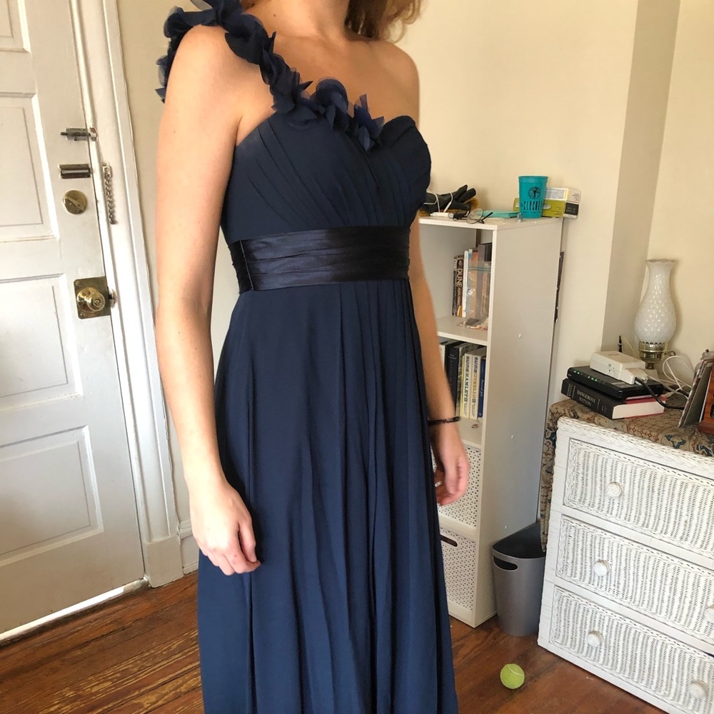 Formal floor length navy prom dress